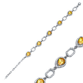 Geometric Style Citrine Stone Rhodium Plated Charm Bracelet Handmade Wholesale Turkish 925 Sterling Silver Jewelry