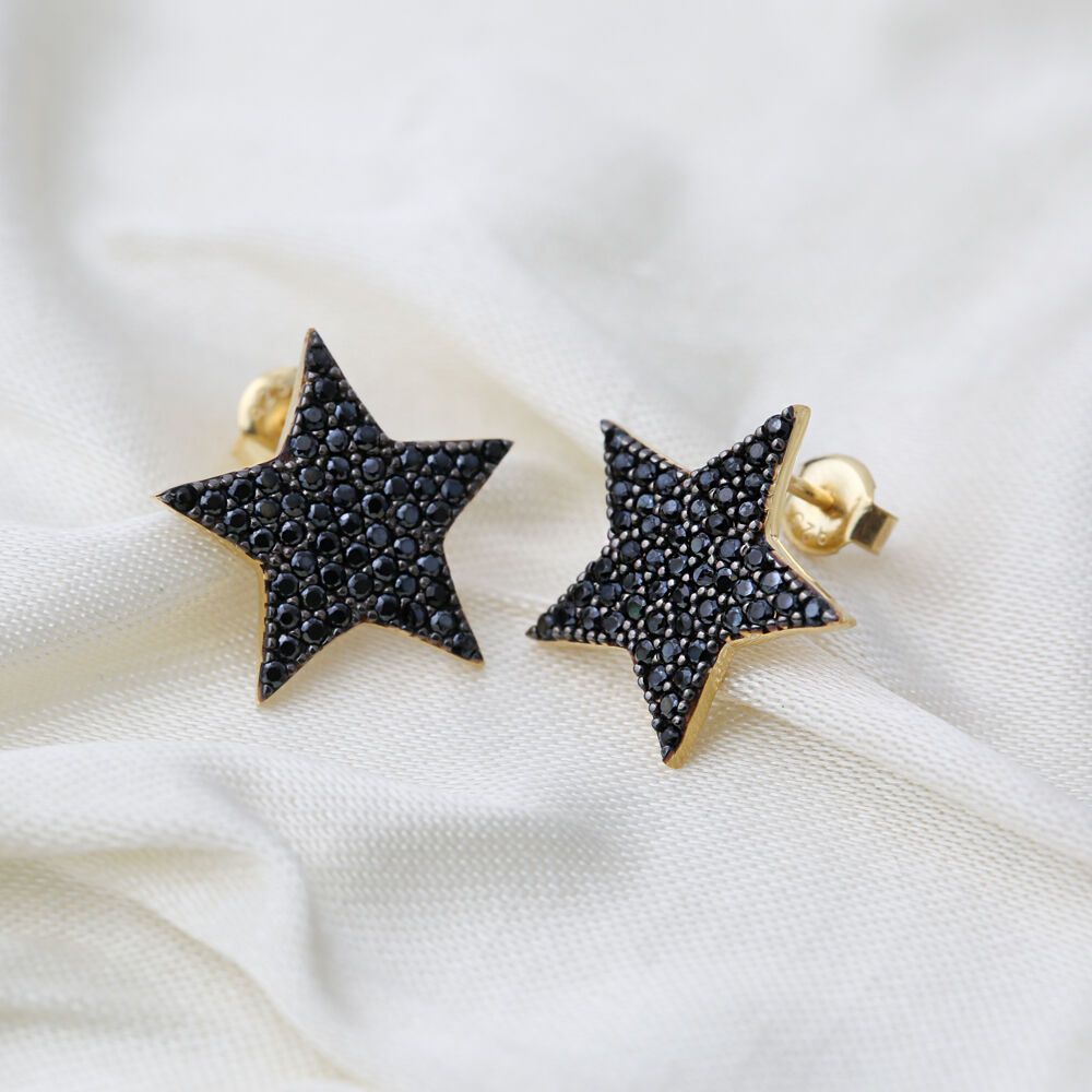 Black Star Zircon Stud Earrings Handcrafted Turkish Wholesale 925 Sterling Silver Jewelry