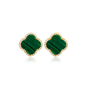 Malachite Clover Zircon Detailed Design Stud Earrings Handcrafted Turkish Wholesale 925 Sterling Silver Jewelry