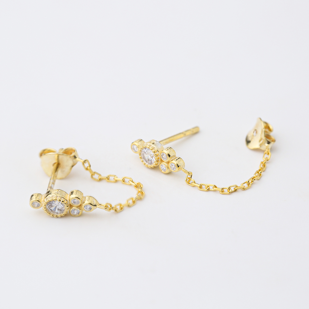 Multi Round Link Chain Design Stud Earrings Handcrafted Turkish Wholesale 925 Sterling Silver Jewelry