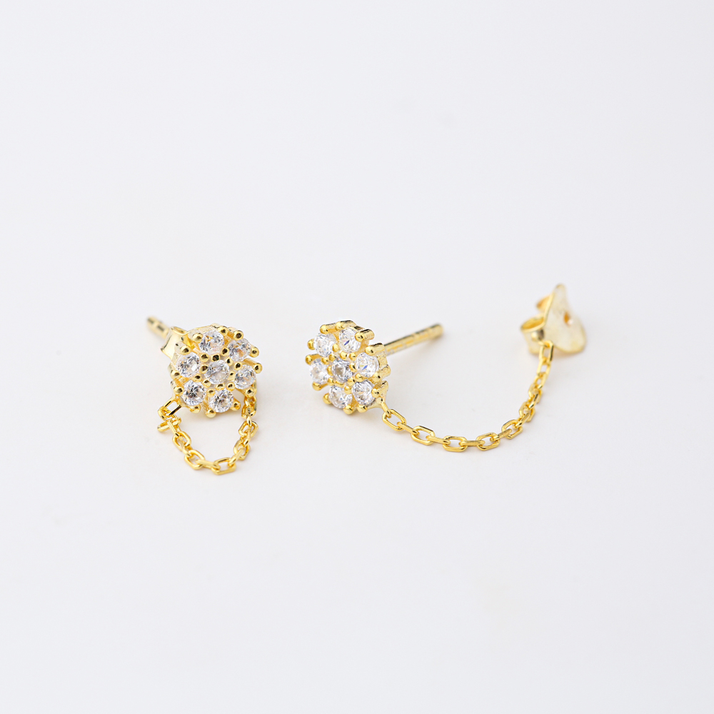 Flower Zircon Stone Link Chain Design Handcrafted Turkish Theia Wholesale 925 Sterling Silver Stud Earrings Jewelry