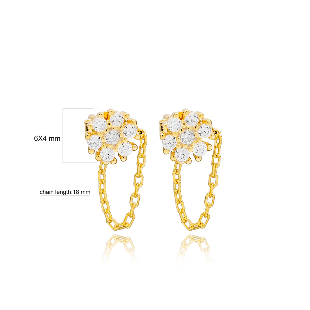 Flower Zircon Stone Link Chain Design Handcrafted Turkish Theia Wholesale 925 Sterling Silver Stud Earrings Jewelry