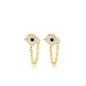 Lucky Evil Eye Link Chain Stud Earrings Handcrafted Turkish Theia Wholesale 925 Sterling Silver Jewelry