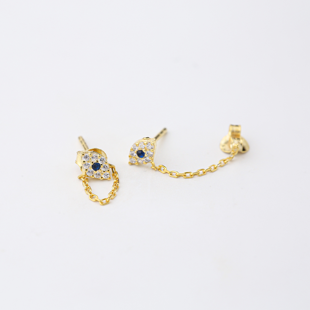 Lucky Evil Eye Link Chain Stud Earrings Handcrafted Turkish Theia Wholesale 925 Sterling Silver Jewelry