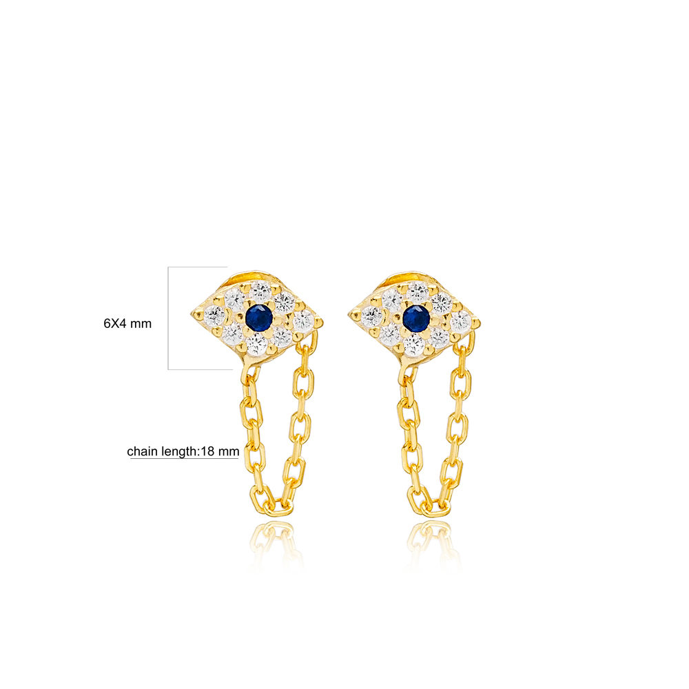 Lucky Evil Eye Link Chain Stud Earrings Handcrafted Turkish Theia Wholesale 925 Sterling Silver Jewelry