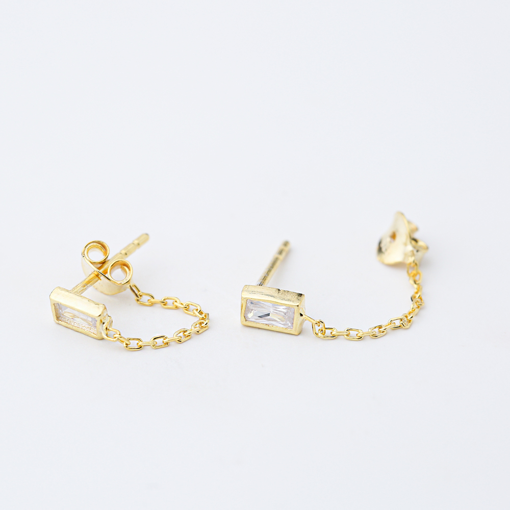 Rectangle Zircon Stone Link Chain Design Handcrafted Turkish Theia Wholesale 925 Sterling Silver Stud Earrings Jewelry