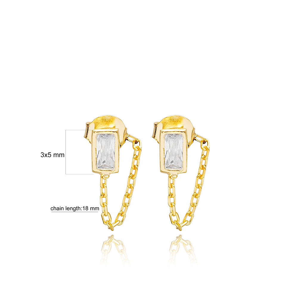 Rectangle Zircon Stone Link Chain Design Handcrafted Turkish Theia Wholesale 925 Sterling Silver Stud Earrings Jewelry