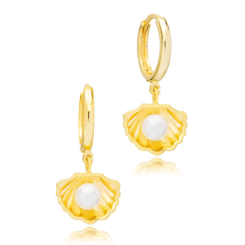 New Fashion Seashell Pearl Design 13mm Hoop Dangle Earrings Handmade Turkish Wholesale 925 Sterling Silver Jewelry