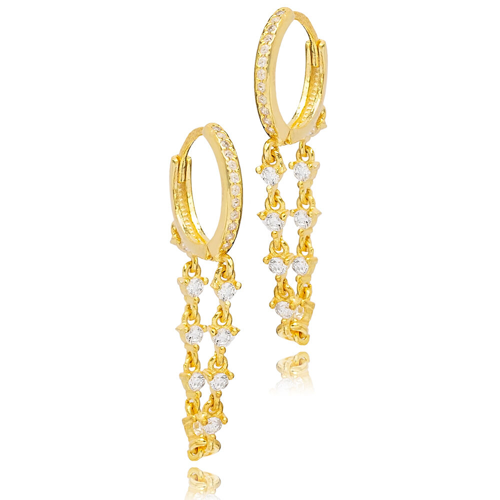 Chain Round Zircon Stone Design Dangle Earrings Handmade Turkish Wholesale 925 Sterling Silver Jewelry
