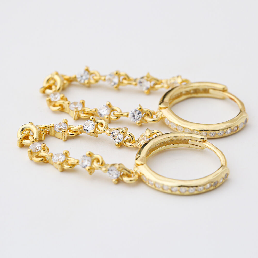 Chain Round Zircon Stone Design Dangle Earrings Handmade Turkish Wholesale 925 Sterling Silver Jewelry