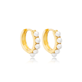 Dainty Pearl Stone Design Hoop Earrings Handcrafted Turkish Theia Wholesale 925 Sterling Silver Jewelry