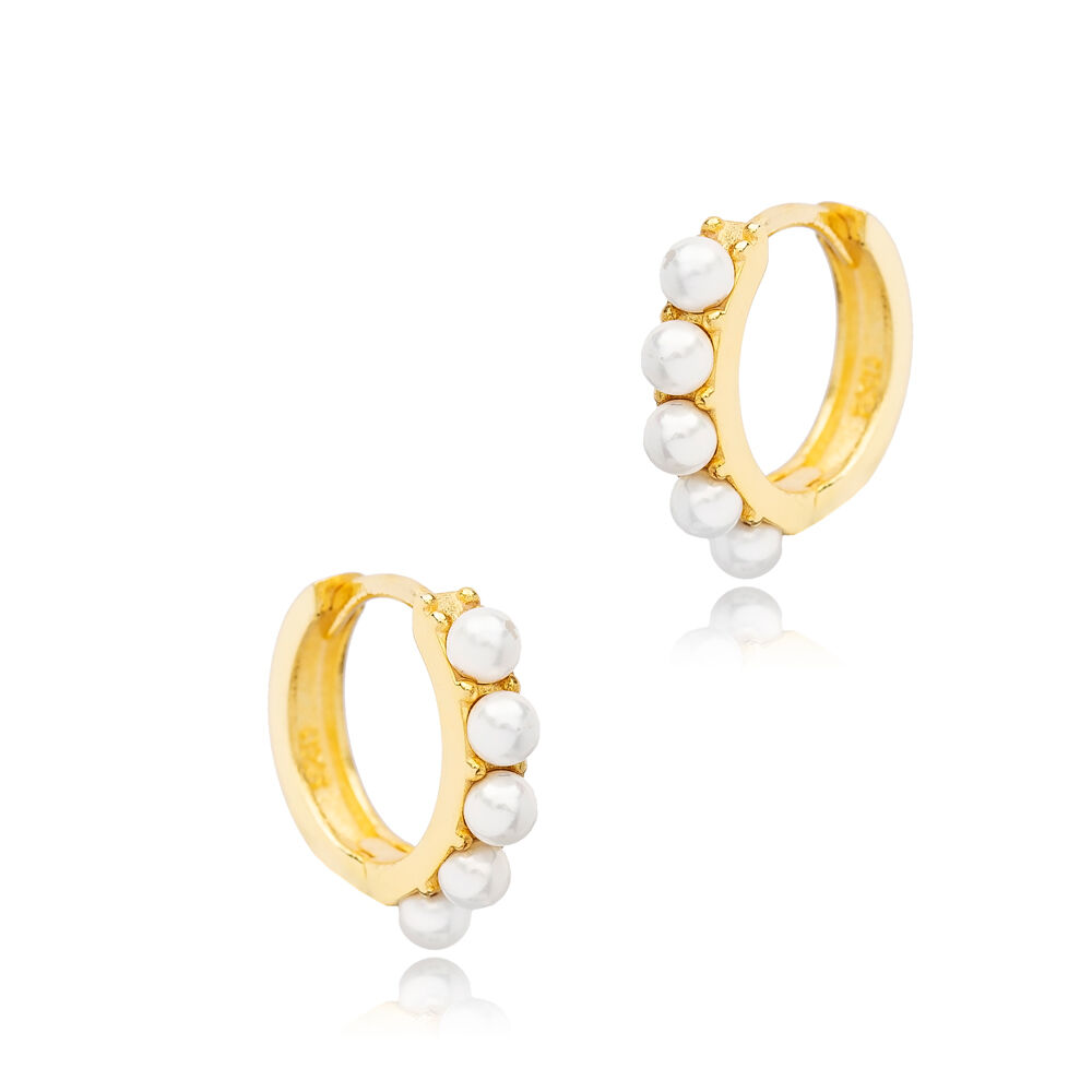 Dainty Pearl Stone Design Hoop Earrings Handcrafted Turkish Theia Wholesale 925 Sterling Silver Jewelry