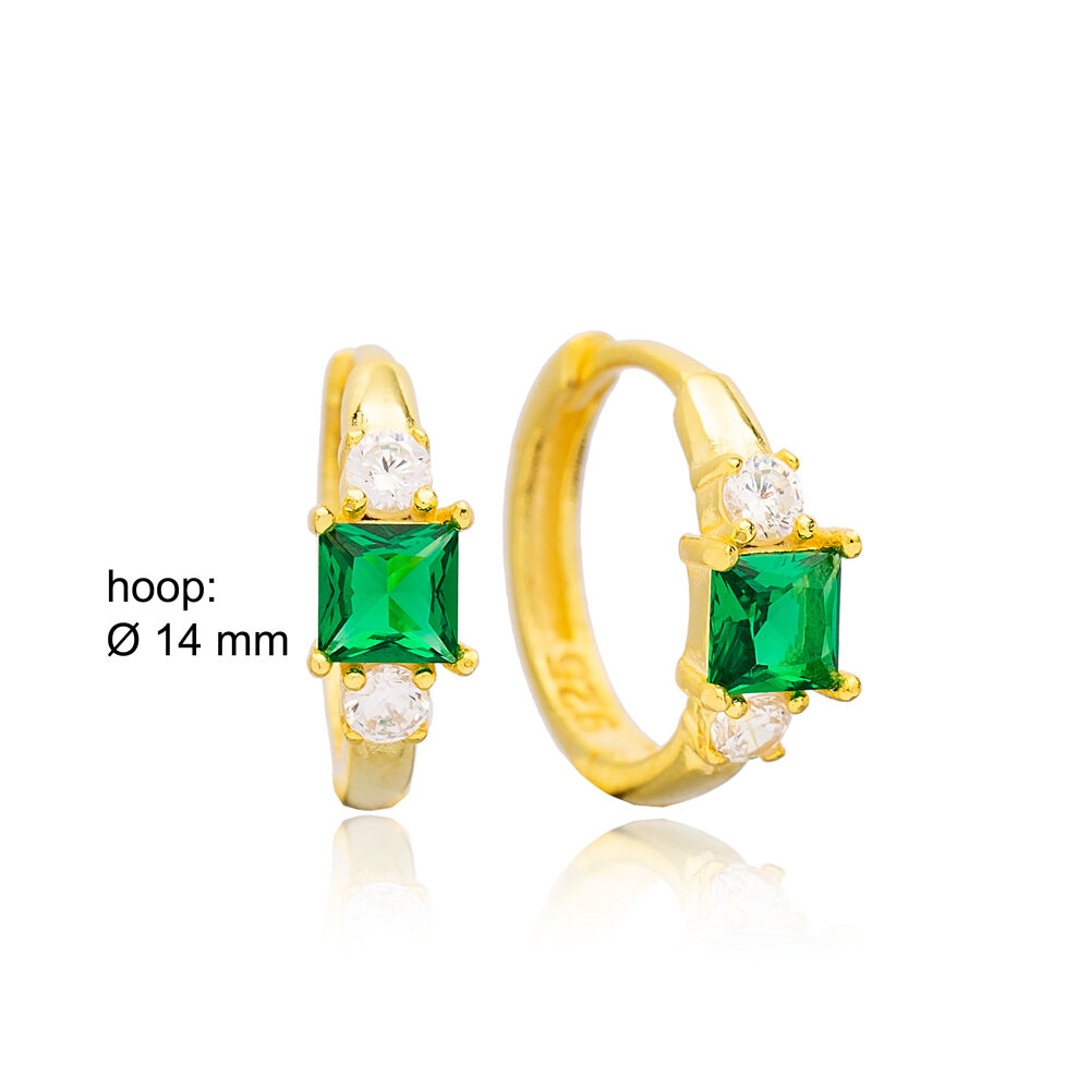 Square Emerald Stone Design Hoop Earrings Handcrafted Turkish Theia Wholesale 925 Sterling Silver Jewelry