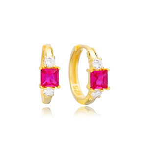 Ruby Square Design 14 mm Hoop Earrings Handcrafted Turkish Theia Wholesale 925 Sterling Silver Jewelry