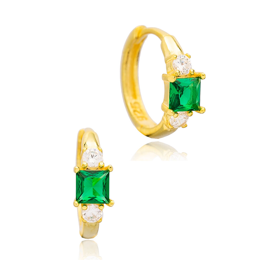 Square Emerald Stone Design Hoop Earrings Handcrafted Turkish Theia Wholesale 925 Sterling Silver Jewelry