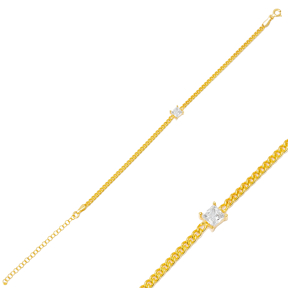 Elegant Square Design Link Chain Charm Bracelet 925 Sterling Silver Handmade Wholesale Turkish Jewelry