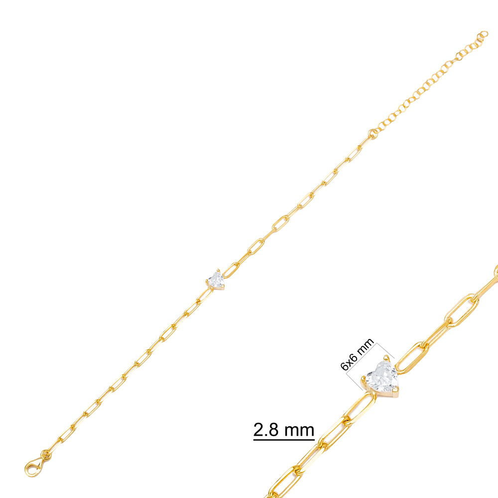 Heart Charm Chain Design Charm Bracelet Handmade Turkish 925 Sterling Silver Jewelry