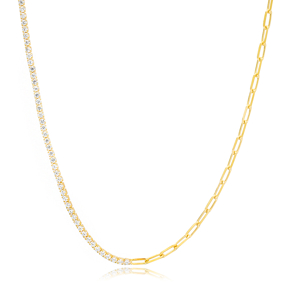 Half Tennis Half Link Chain Side Design Choker Necklace Turkish 925 Sterling Silver Jewelry