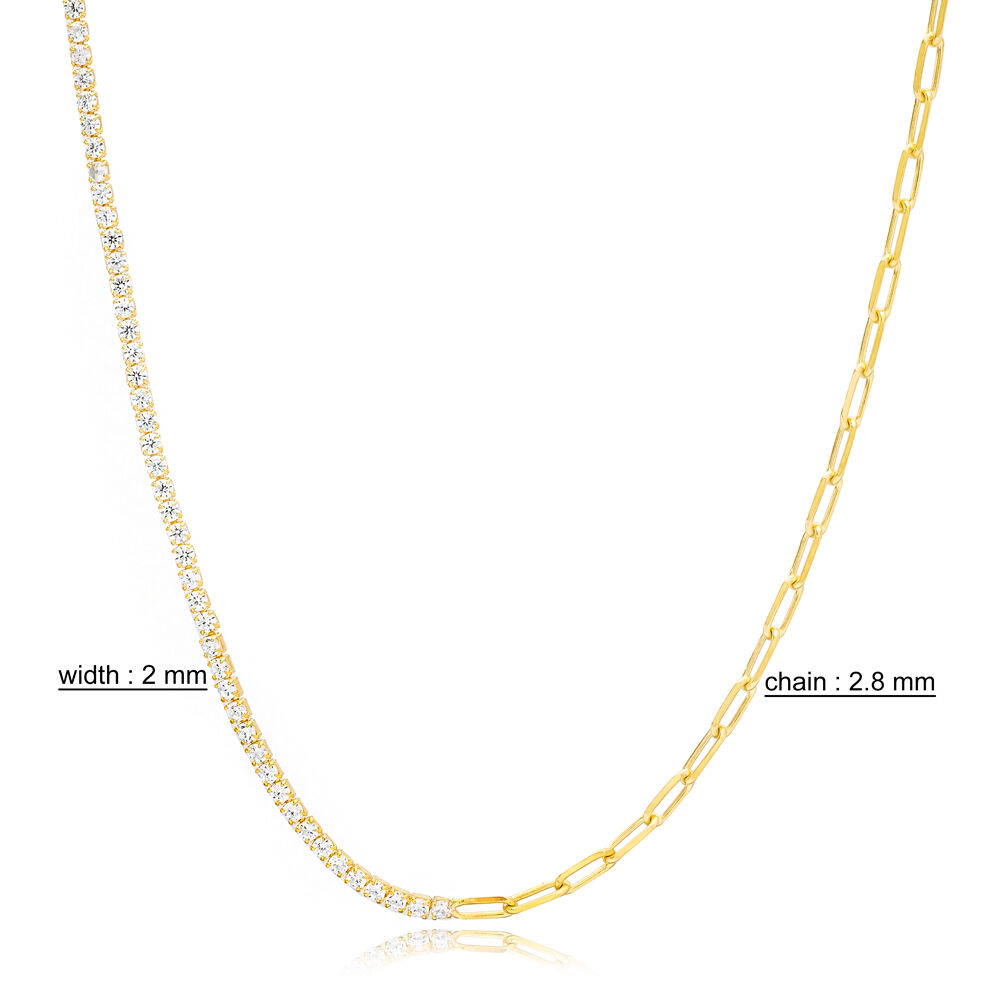 Half Tennis Half Link Chain Side Design Choker Necklace Handmade Turkish 925 Sterling Silver Jewelry
