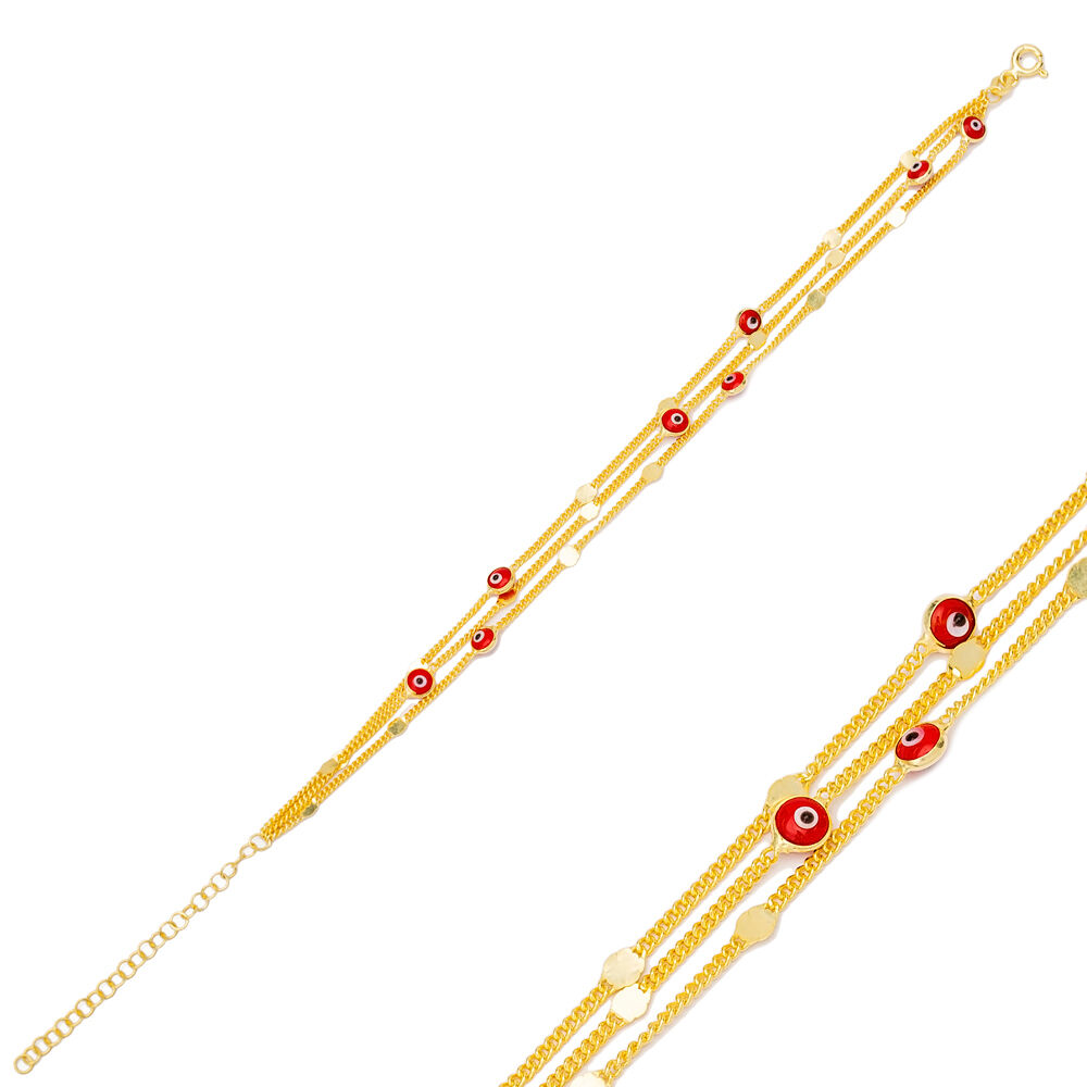 Layered Chain Design Red Evil Eye Beaded Bracelet Handmade Turkish 925 Sterling Silver Jewelry