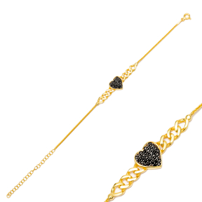 Black Stone Heart Design Charm Bracelet Wholesale Handmade Turkish 925 Sterling Silver Jewelry