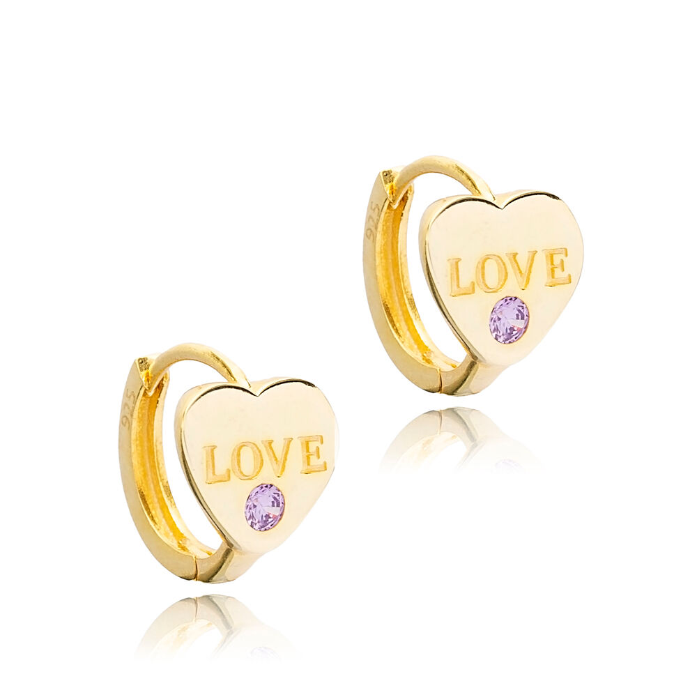 Love Word Amethyst Stone Hoop Earrings Handcrafted Turkish Wholesale 925 Sterling Silver Jewelry