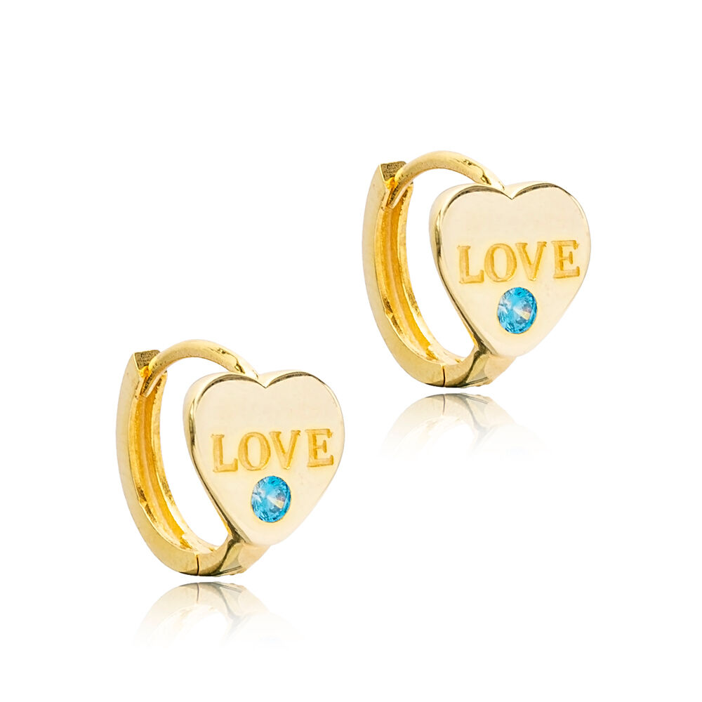 Love Aquamarine Stone Hoop Earrings Handcrafted Turkish Wholesale 925 Sterling Silver Jewelry