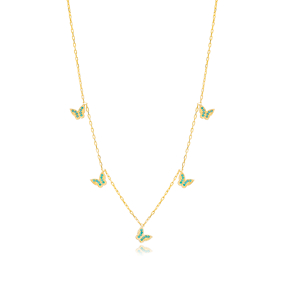 Dainty Butterfly Charm Aquamarine Stone Shaker Necklace Turkish Wholesale 925 Sterling Silver Jewelry