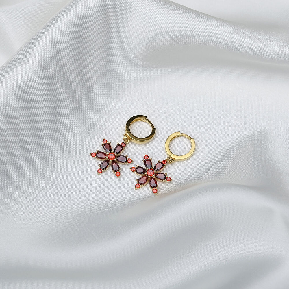 Chic Flower Charm Garnet Stone Dangle Earrings Turkish Wholesale 925 Sterling Silver Jewelry