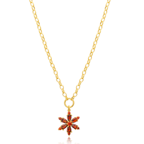 Garnet Flower Charm Hollow Link Chain Charm Necklace Handmade Turkish 925 Sterling Silver Jewelry