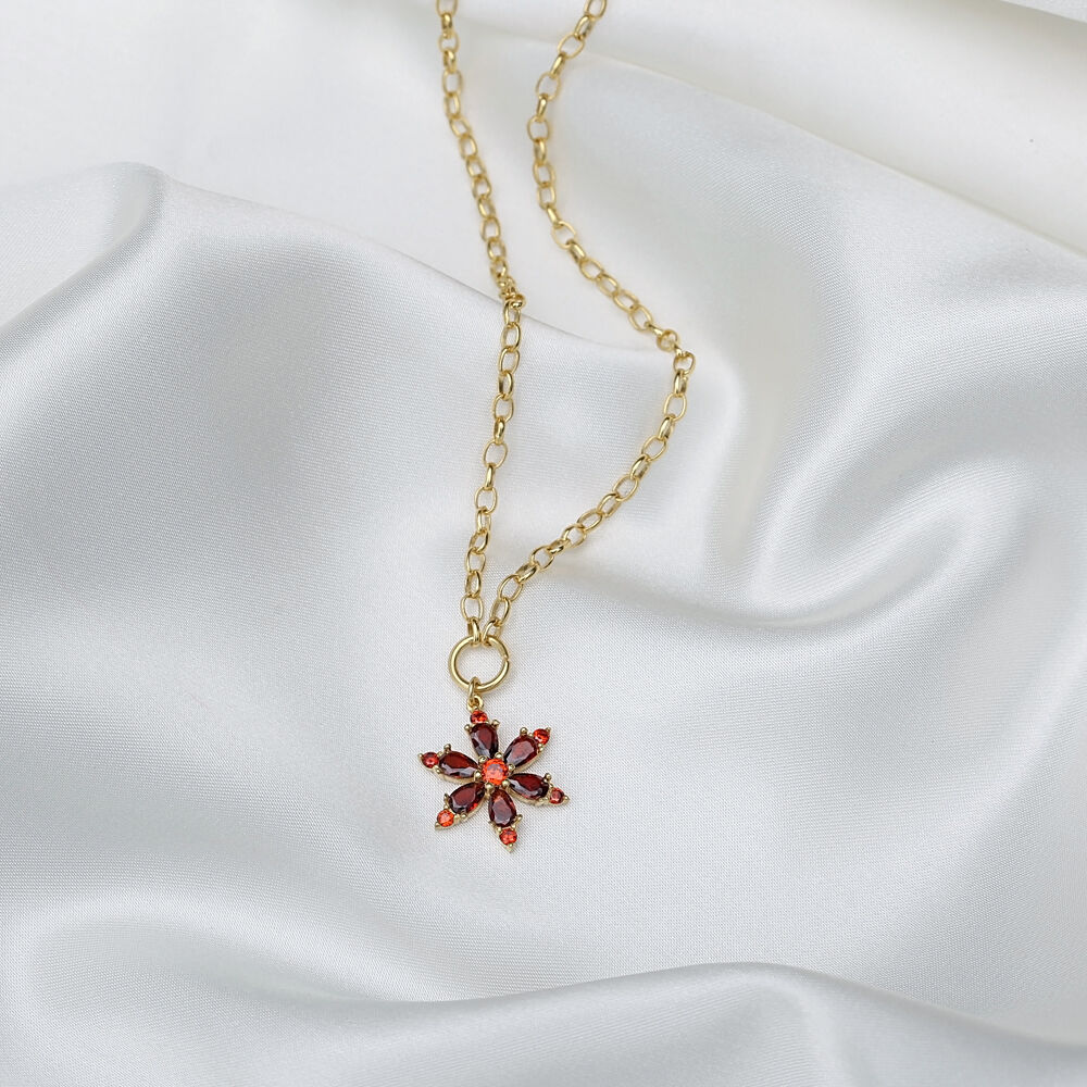 Garnet Flower Charm Hollow Link Chain Charm Necklace Handmade Turkish 925 Sterling Silver Jewelry