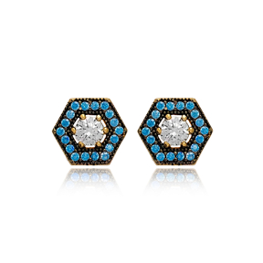Hexagonal Aquamarine Mix Stone Stud Earrings Turkish Wholesale 925 Sterling Silver Jewelry