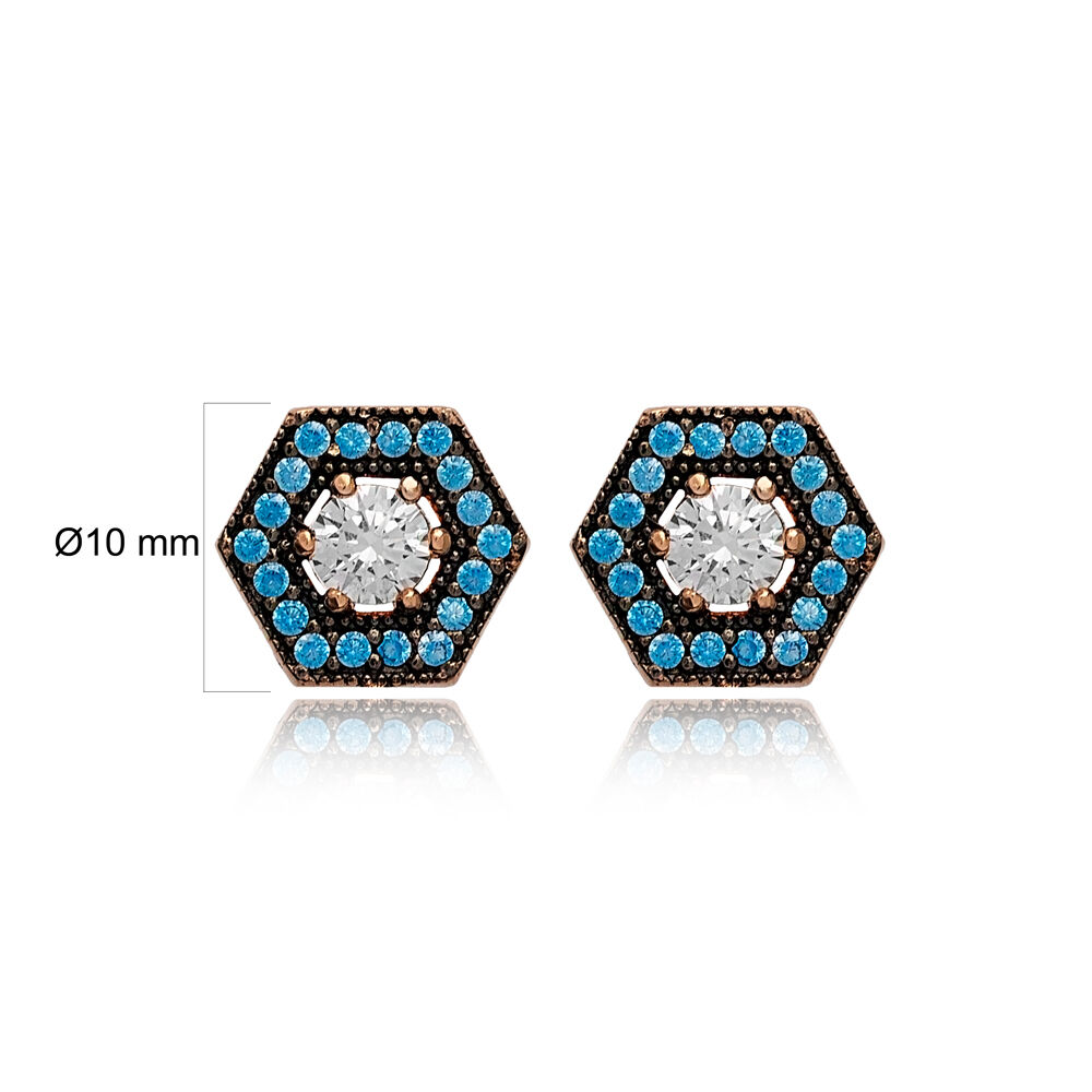 Theia Hexagonal Aquamarine Mix Stone Stud Earrings Turkish Wholesale 925 Sterling Silver Jewelry