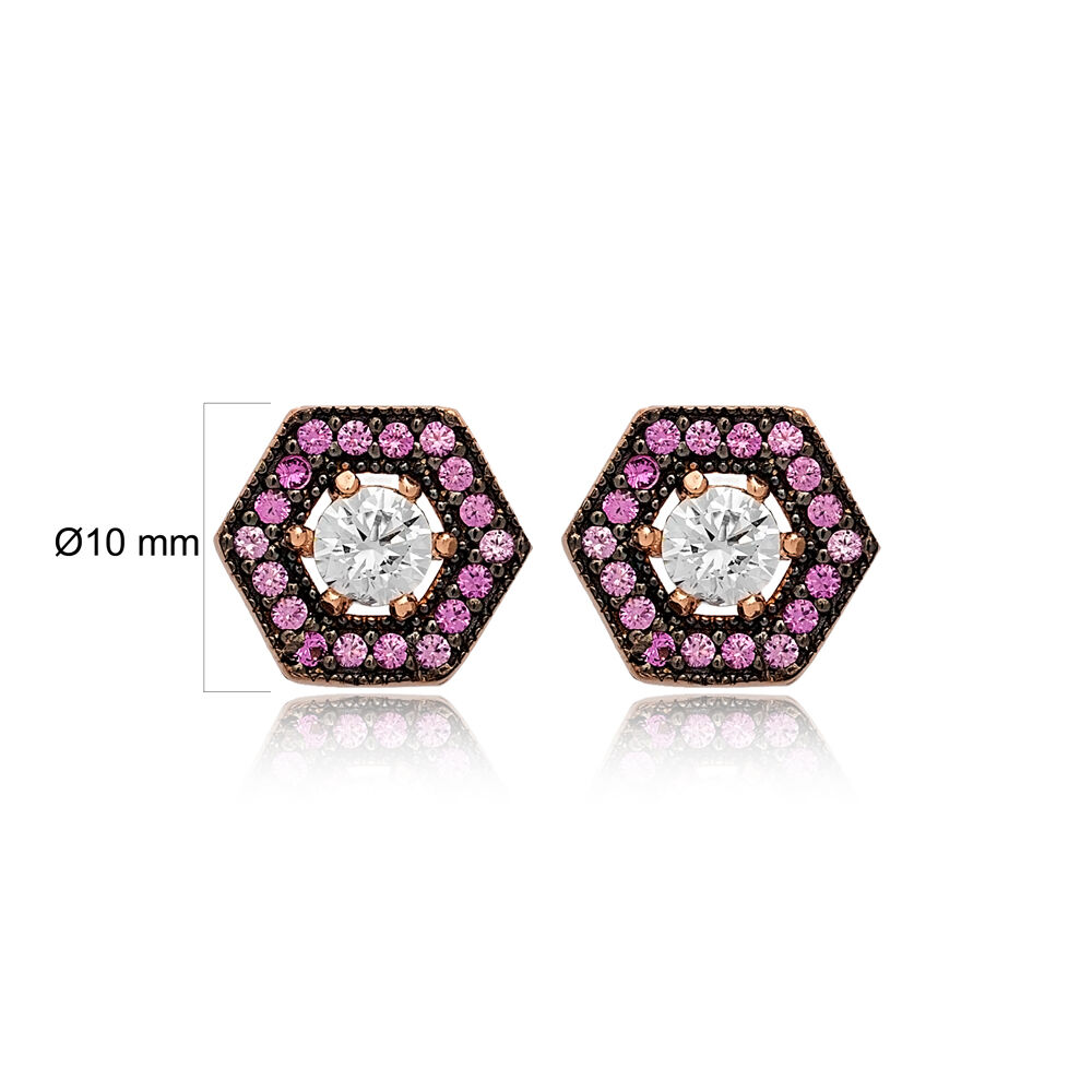 Hexagon Amethyst Mix Stone Stud Earrings Turkish Wholesale 925 Sterling Silver Jewelry