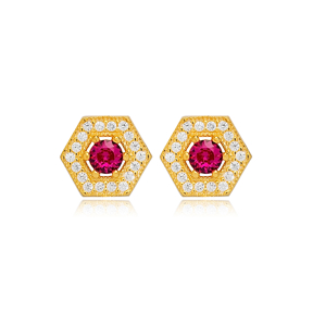 Geometric Hexagon Ruby Stone Stud Earrings Turkish Wholesale 925 Sterling Silver Jewelry