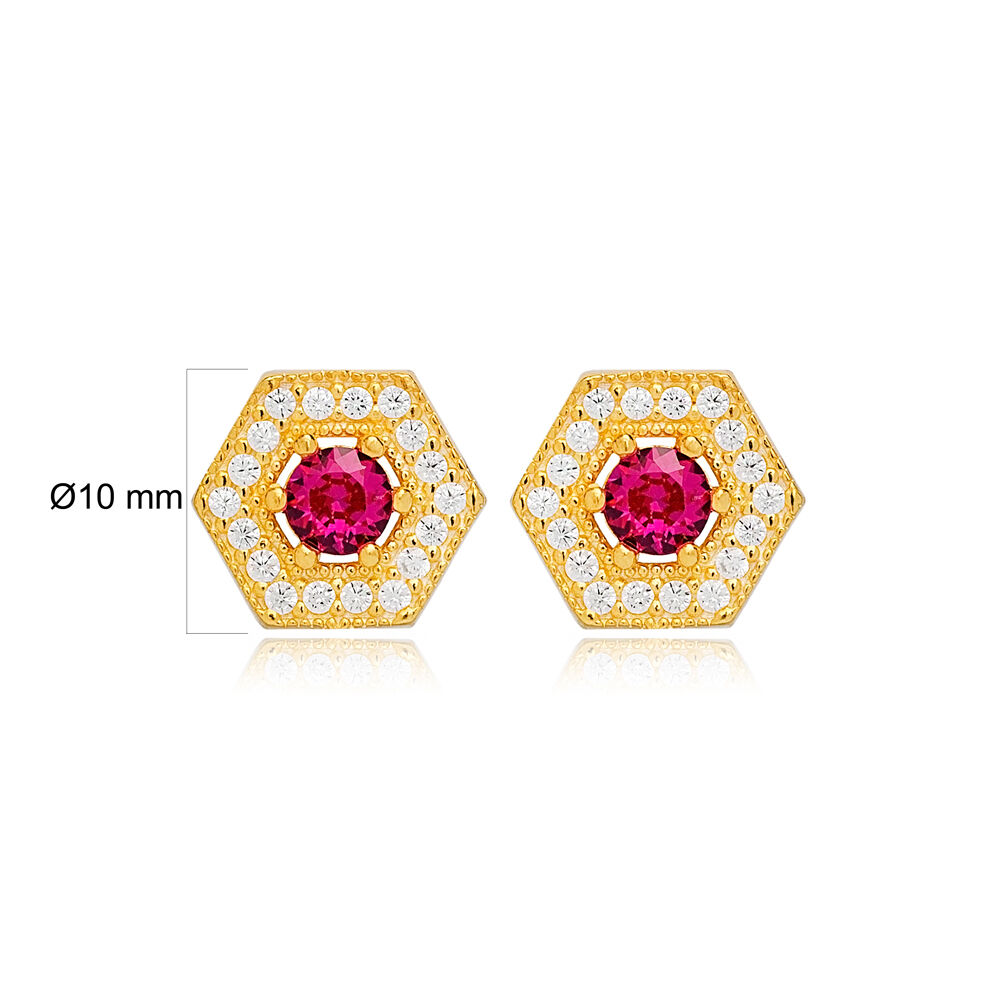 Chic Geometric Hexagon Ruby Stone Stud Earrings Turkish Wholesale 925 Sterling Silver Jewelry