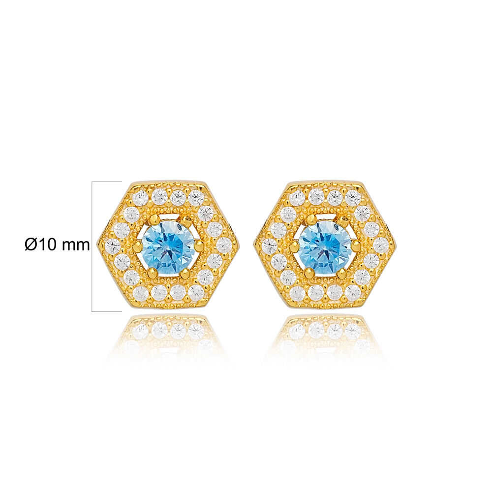 Dainty Theia Hexagon Aquamarine Stone Stud Earrings Turkish Wholesale 925 Sterling Silver Jewelry