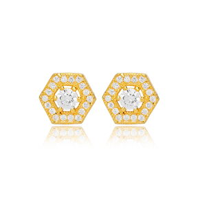 White Stone Hexagon Shape Stud Earrings Turkish Wholesale 925 Sterling Silver Jewelry