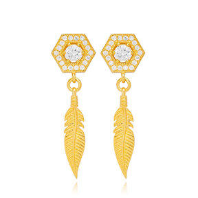 Feather Charm Hexagon Shape Stud Earrings Turkish Wholesale 925 Sterling Silver Jewelry
