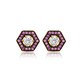 Hexagon Amethyst Mix Stone Stud Earrings Turkish Wholesale 925 Sterling Silver Jewelry
