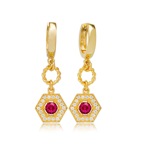 Ruby Hexagon Shape Dangle Earrings Turkish Wholesale 925 Sterling Silver For Woman Jewelry