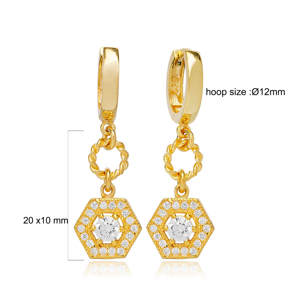 Elegant Hexagon Shape White Zircon Dangle Earrings Turkish Wholesale 925 Sterling Silver Jewelry