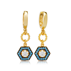 Geometric Hexagonal Design Aquamarine Detailed Dangle Earrings Turkish Wholesale 925 Sterling Silver Jewelry