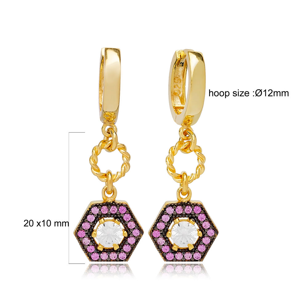 Stylish Amethyst Hexagon Shape Dangle Earrings Turkish Wholesale 925 Sterling Silver For Ladies Jewelry