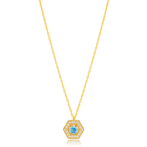 Brilliant Hexagon Aquamarine Charm Necklace Handmade Turkish 925 Sterling Silver Jewelry