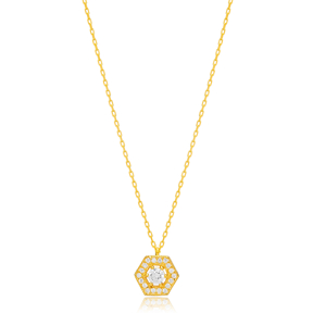 Geometric Hexagonal Zirconia Charm Necklace Handmade Wholesale Turkish 925 Sterling Silver Jewelry