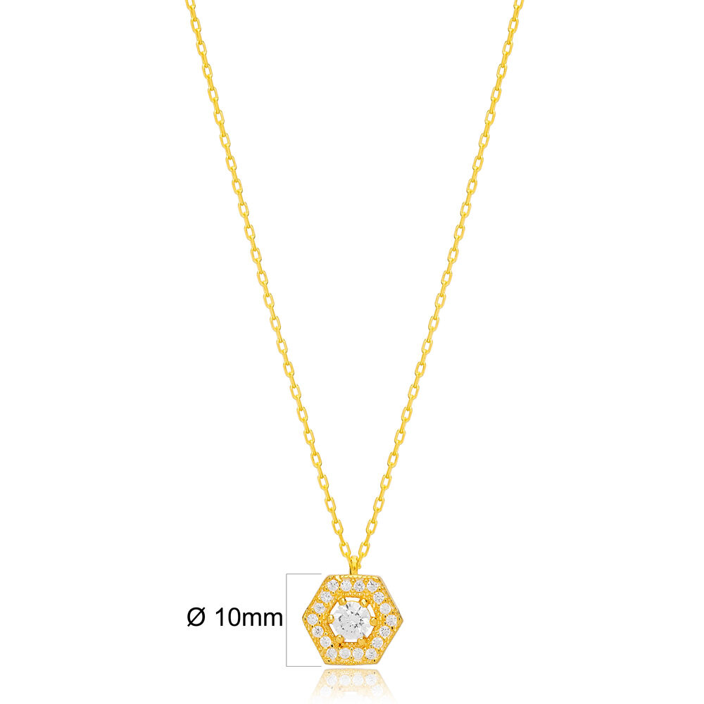 Geometric Hexagonal Zirconia Charm Necklace Theia Handmade Wholesale Turkish 925 Sterling Silver Jewelry