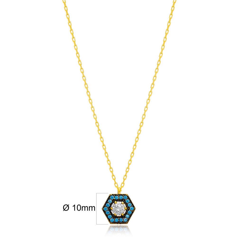 High Quality Hexagon Aquamarine Wholesale Turkish 925 Sterling Silver Charm Necklace Jewelry