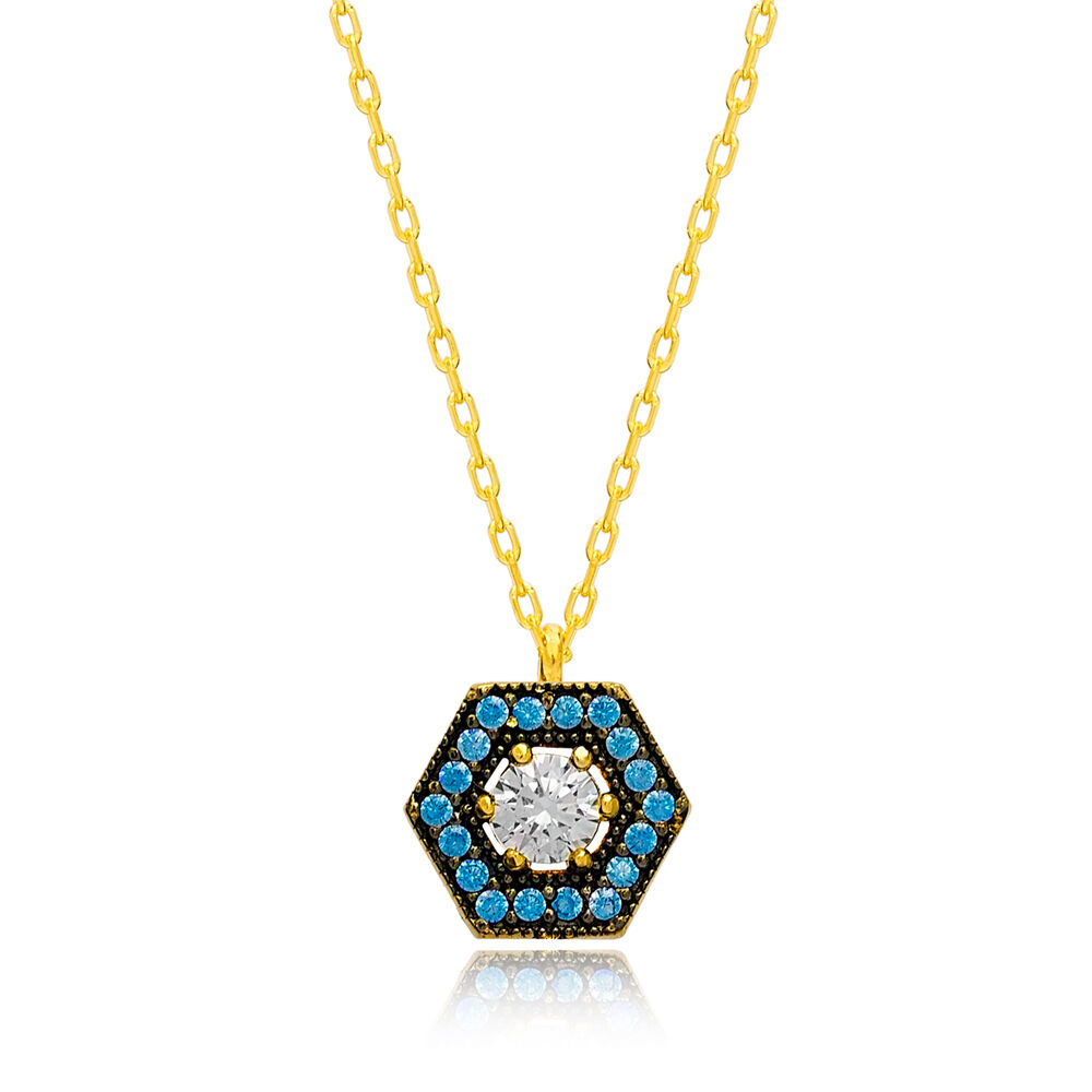 High Quality Hexagon Aquamarine Handmade Wholesale Turkish 925 Sterling Silver Charm Necklace Jewelry