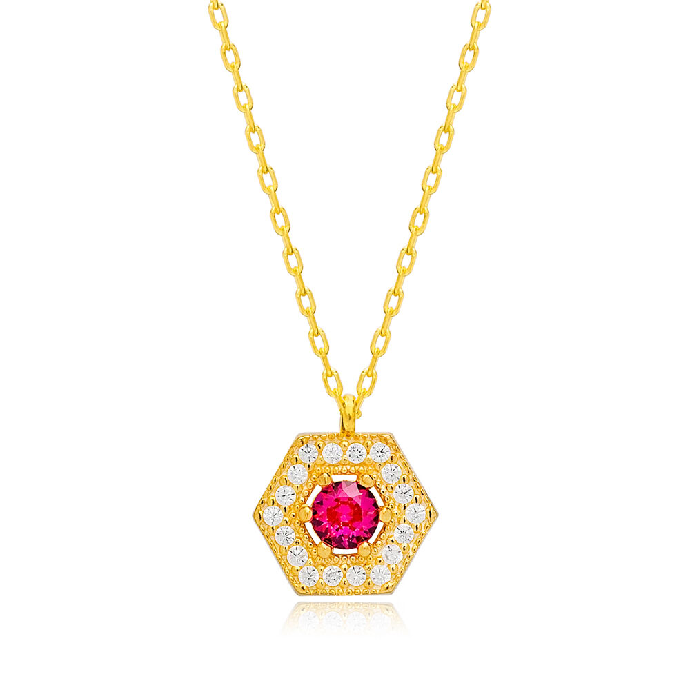 Attractive Hexagon Ruby Charm Necklace Handmade Turkish 925 Sterling Silver Jewelry